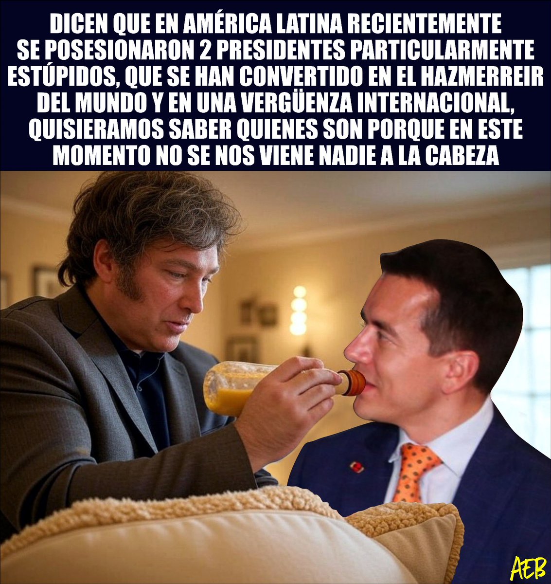 ¿Quiénes serán esos 2 psicópatas corruptos e inútiles a los que se refiere esta publicación? No quiero ni imaginar como tendrán a sus países y a los mamertos que los eligieron, felizmente Ecuador es la Dubai de América y Daniel Noboa el Príncipe guineo. #MileiEstafadorMundial