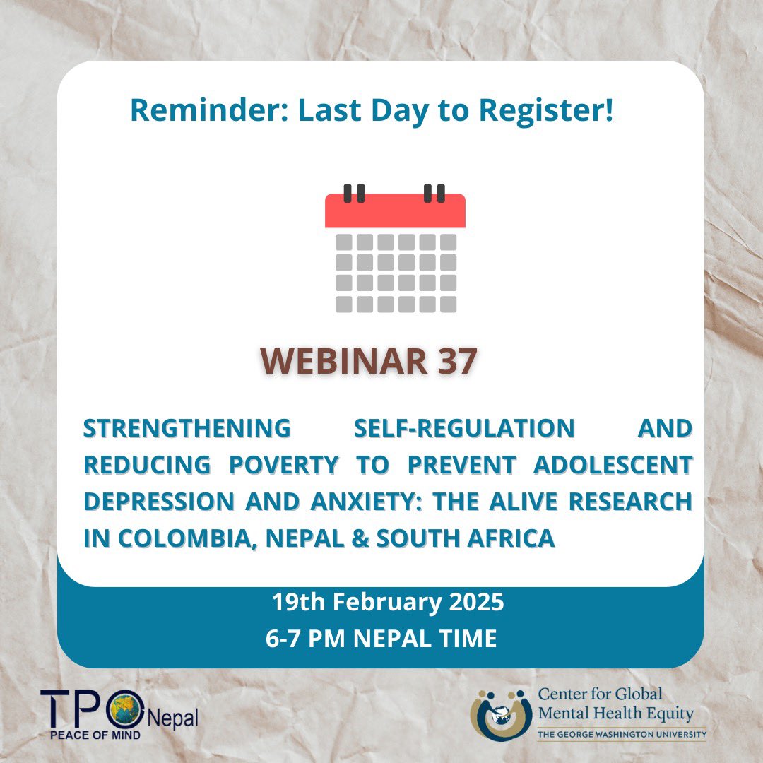 Last Day to Register! 

Join us for the 37th NMHRN Webinar with Dr. Mark Jordans on Feb 19, 2025 (6-7 PM NPT).

Topic: Strengthening Self-Regulation &amp; Reducing Poverty to Prevent Adolescent Depression &amp; Anxiety.
Link:l.facebook.com/l.php?u=https%…