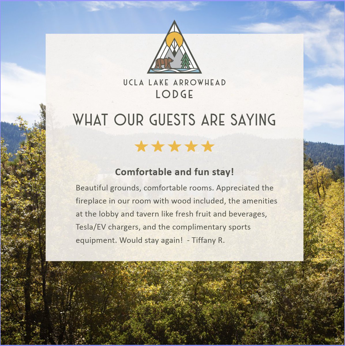 We're thrilled to hear you enjoyed your stay, Tiffany R.! We're glad we could make your visit special, and we can't wait to welcome you back soon! 🏞️🔥🔌

#LakeArrowheadLodge #GuestReview #ThankYou #CozyStay #EVCharging #LodgeLife #SavorSoCal #Wanderlust #OurGuestsAreTheBest