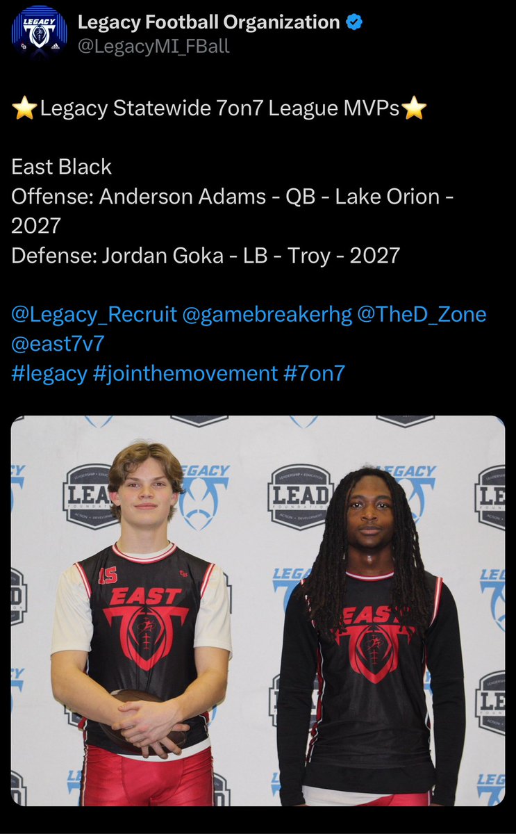 Anthony (Aj) Catenacci (@anthonycat2027) on Twitter photo 3 weeks of 7on7 football and 3 straight LO MVPs <a href="/lohsathletics/">Chris Bell LO Athletics</a> <a href="/djreid12/">DJ Reid</a> <a href="/LOathletics/">William Reiss</a> <a href="/John_cmu29/">Coach Blackstock</a> <a href="/east7v7/">Legacy East</a> <a href="/LegacyMI_FBall/">Legacy Football Organization</a> <a href="/coach_jakev/">Jake Vincent</a> 3 weeks of 7on7 football and 3 straight LO MVPs <a href="/lohsathletics/">Chris Bell LO Athletics</a> <a href="/djreid12/">DJ Reid</a> <a href="/LOathletics/">William Reiss</a> <a href="/John_cmu29/">Coach Blackstock</a> <a href="/east7v7/">Legacy East</a> <a href="/LegacyMI_FBall/">Legacy Football Organization</a> <a href="/coach_jakev/">Jake Vincent</a>