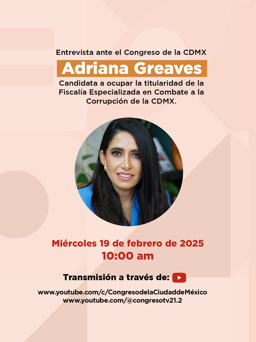 TOJIL (@tojilaj) on Twitter photo Este miércoles 19 de febrero a las 10:00 hrs, Adriana Greaves (<a href="/adygreaves/">Ady Greaves</a>) presentará ante el <a href="/Congreso_CdMex/">Congreso de la Ciudad de México</a> su visión y propuestas para encabezar la Fiscalía Especializada en Combate a la Corrupción de la CDMX. Un paso clave en el proceso de selección de quien liderará la Este miércoles 19 de febrero a las 10:00 hrs, Adriana Greaves (<a href="/adygreaves/">Ady Greaves</a>) presentará ante el <a href="/Congreso_CdMex/">Congreso de la Ciudad de México</a> su visión y propuestas para encabezar la Fiscalía Especializada en Combate a la Corrupción de la CDMX. Un paso clave en el proceso de selección de quien liderará la