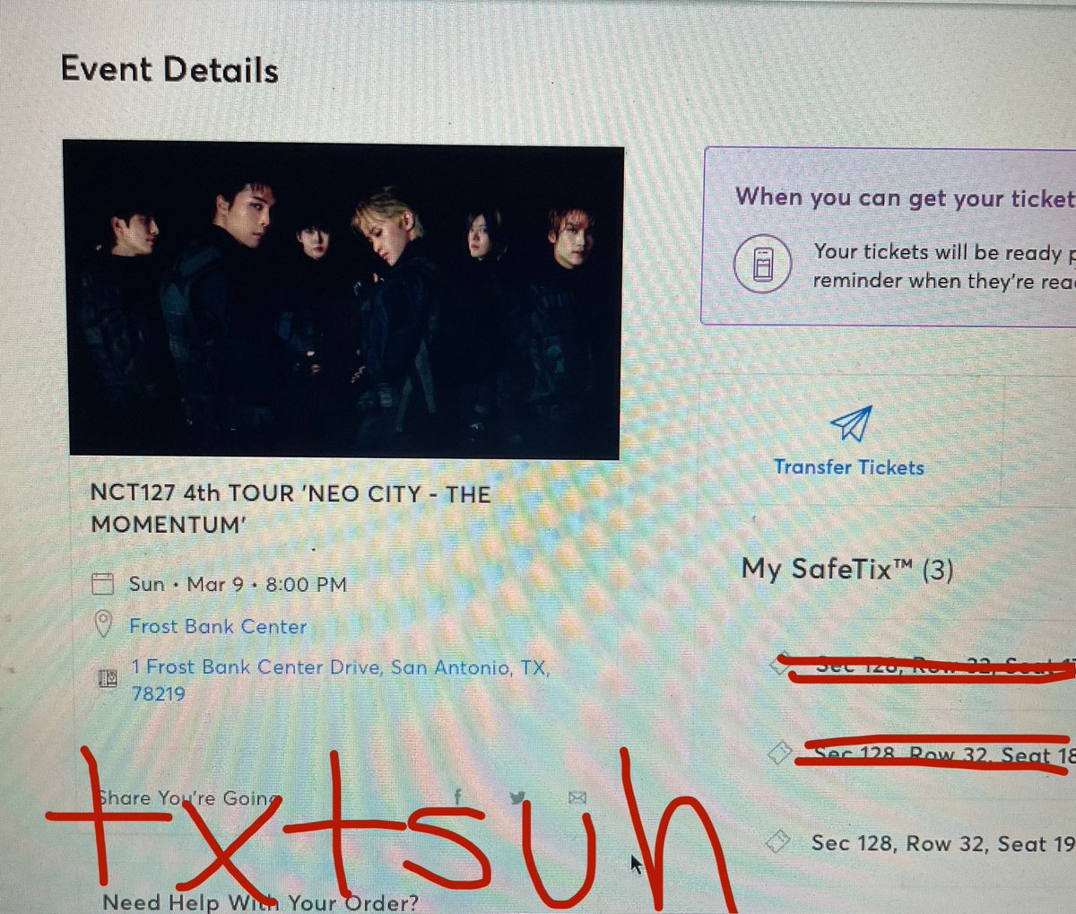 txtsuh's tweet photo. WTS nct127 in san antonio ticket! bought a ticket with my friend and her sister but i unfortunately cant go anymore 😔 bought the ticket for $170 but am asking $140! PLS BUY GUYS IM DESPERATE AND SAD I CANT GO #nct127 #nct127_neocity_the_momentum_sanantonio https://t.co/HqhOgYupKi
