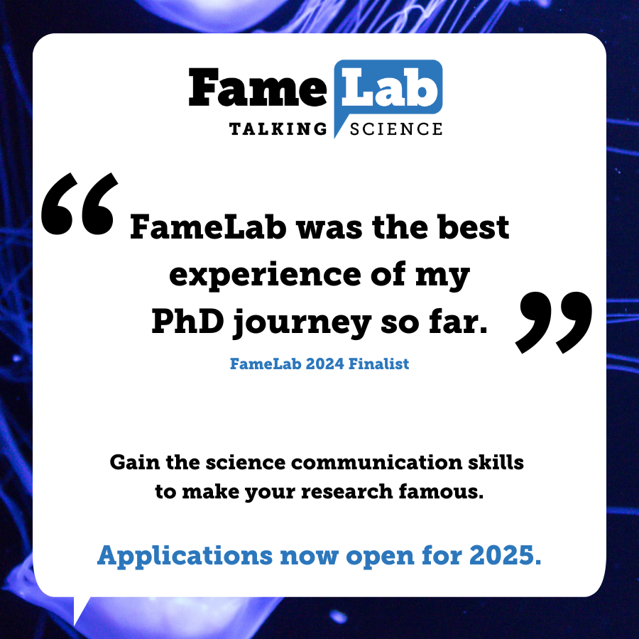 #FameLab 2025 is now open for applications! Get top notch #scicomm and media training and all the skills you need to communicate your research to any audience impactfully. Share the news with #ECRs in your network! tinyurl.com/4ht32r2v