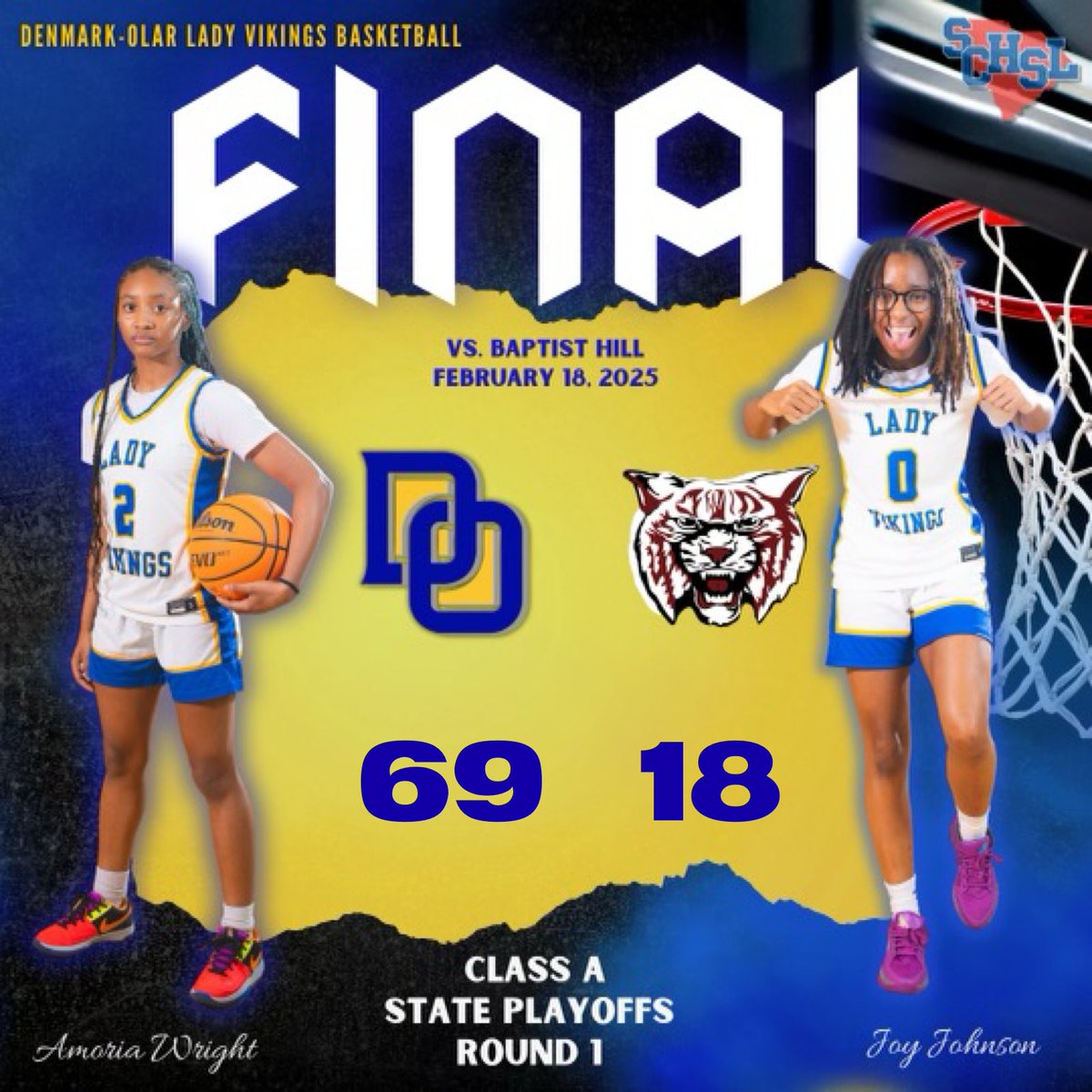Lady Vikings advance to the 2nd Round of the playoffs with a win over Baptist Hill tonight. The Lady Vikings will host Bethune-Bowman Thursday Night