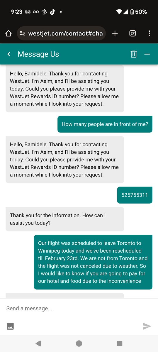 DELE_O's tweet photo. So @WestJet you cancel WS525to Winnipeg, change my flight to 6 DAYS later,  hang up on me after waiting on hold for 2 hours TWICE, then I wait 2 hours for a chat agent that tells me to go to the airport for hotel and food vouchers only to get there and be told I'm getting NOTHING https://t.co/LAnerg6PWi