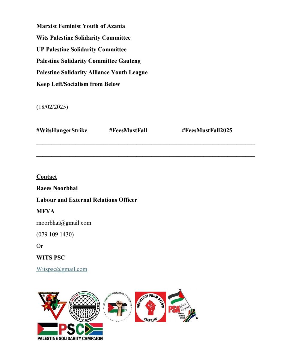 Joint Statement by MFYA and the Wits PSC in Solidarity with the #WitsHungerStrike ✊🏿✊🏾

#FeesMustFall
#FeesMustFall2025