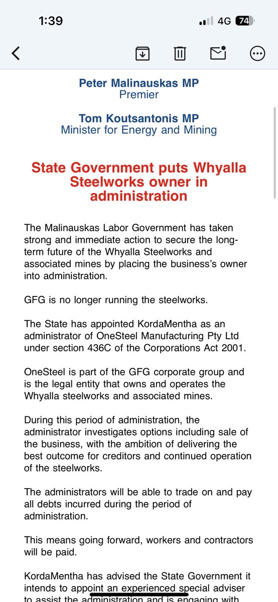 Extraordinary update from Whyalla with the steelworks placed into administration. State govt has taken control.