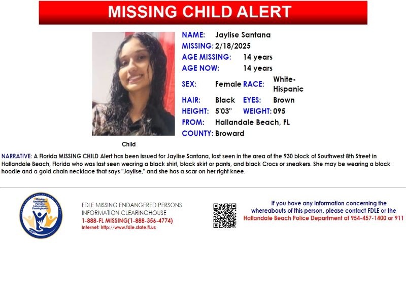 PLEASE SHARE! A Florida MISSING CHILD Alert has been issued for Jaylise Santana, a white-hispanic female, 14 years old, 5'3", 95 lbs, black hair and brown eyes, last seen in the area of the 930 block of Southwest 8th Street in Hallandale Beach, Florida.  If you have any