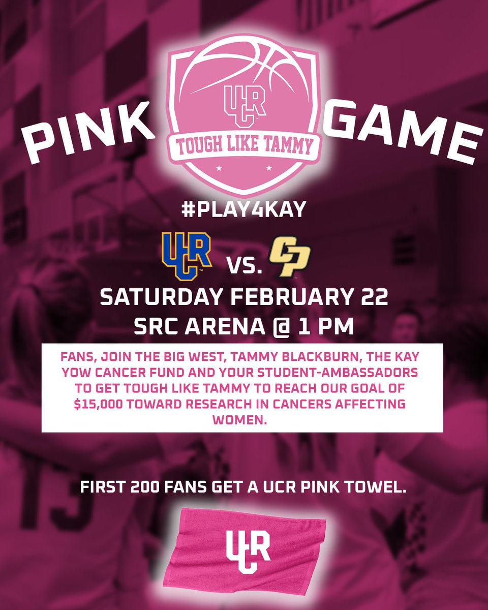 Highlander Athletics (@ucr_athletics) on Twitter photo 🏀💗 PINK GAME ALERT! 💗🏀
Join us Saturday, February 22 at 4 PM as <a href="/UCR_WBB/">UCR Women's Basketball</a> takes on Cal Poly in our annual Pink Game! Help support the Kay Yow Cancer Fund and Tough Like Tammy campaign to fund research for cancers affecting women. 🏀💗 PINK GAME ALERT! 💗🏀
Join us Saturday, February 22 at 4 PM as <a href="/UCR_WBB/">UCR Women's Basketball</a> takes on Cal Poly in our annual Pink Game! Help support the Kay Yow Cancer Fund and Tough Like Tammy campaign to fund research for cancers affecting women.