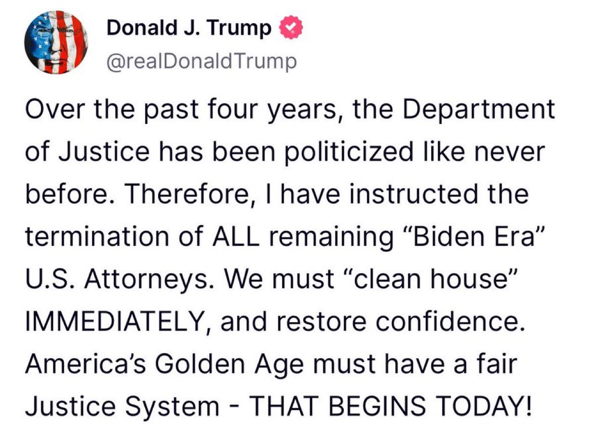 <a href="/realDonaldTrump/">Donald J. Trump</a> Trump, you’ve put your your blatant corruption on display for the world to see…again. 

Yes, every administration replaces U.S. Attorneys. That’s normal. What’s not normal is firing career prosecutors—especially those who worked on cases against you and your allies. That’s not