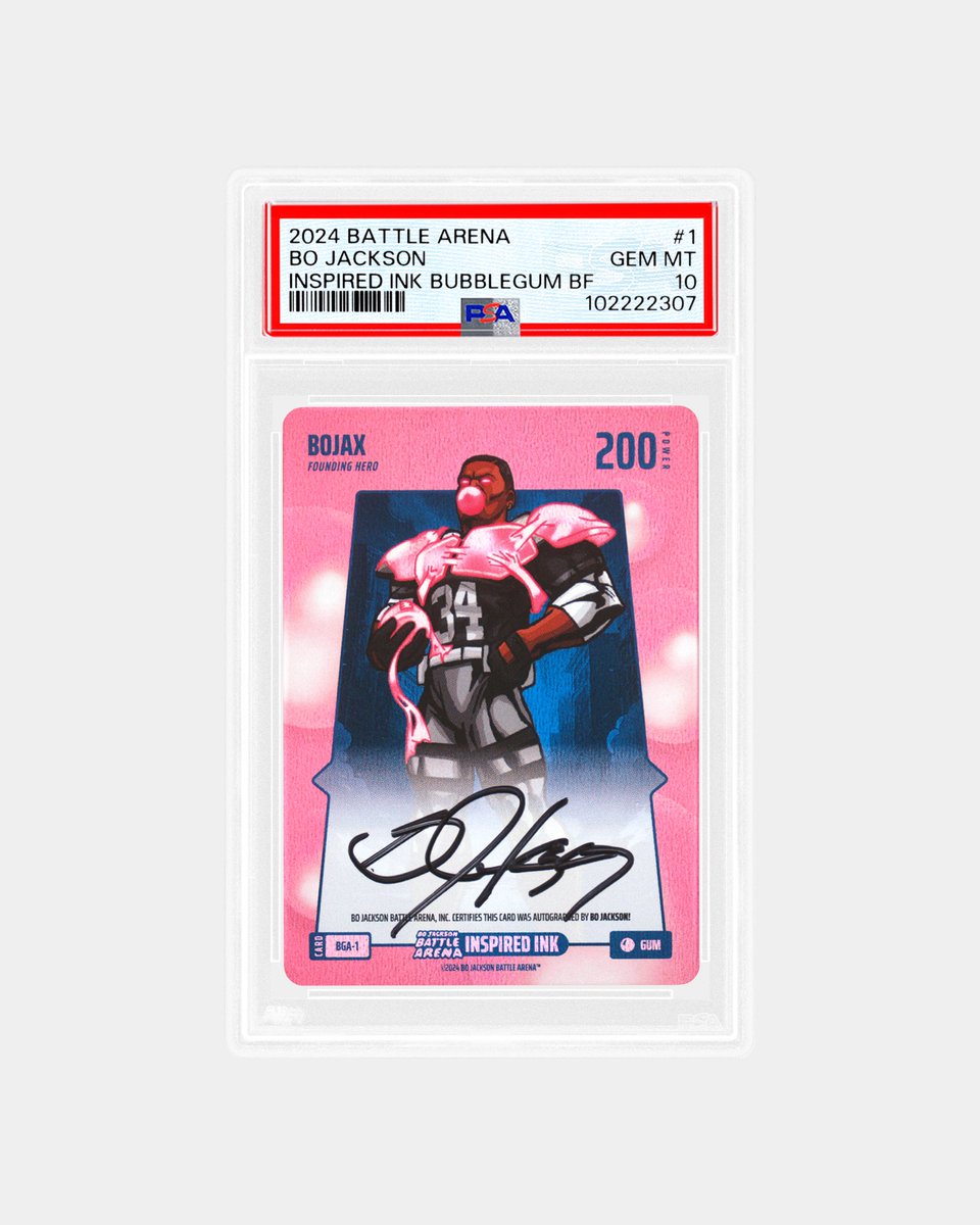 𝙅𝙐𝙎𝙏 𝙂𝙍𝘼𝘿𝙀𝘿 💪✍️ 

Bo Knows Battle Arena. One of the most impressive athletes we've ever seen joins Hall of Fame legends in this 2024 set, featuring easy gameplay. 

This is the only graded copy to date of the Bojax Inspired Ink Bubble Gum BattleFoil.