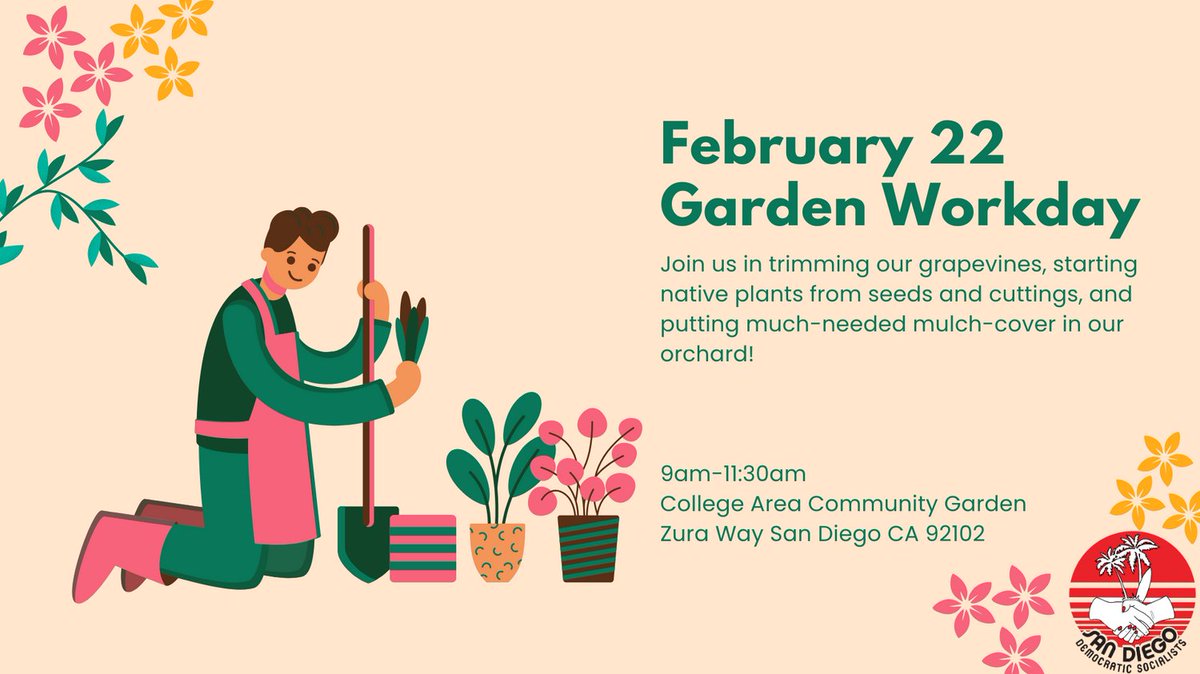 DSA_SanDiego's tweet image. Join us in trimming our grapevines, starting native plants from seeds and cuttings, and putting much-needed mulch-cover in our orchard!

9am-11:30am
College Area Community Garden
Zura Way San Diego CA 92102