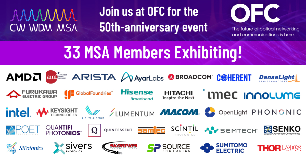 Join us at #OFC25! With 33 MSA members showcasing the latest in multi-wavelength laser technology and optical I/O solutions, our standardization efforts are truly driving innovation in #OpticalNetworking and #CoPackagedOptics! #CWWDM #OpticalNetworking