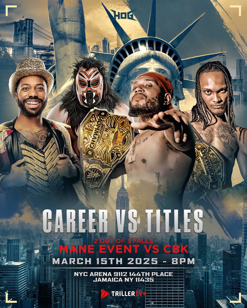 🚨 CAREER vs TITLES 🚨

The stakes can’t be higher on Saturday, March 15th, when Mane Event get one last shot at the HOG Tag Team Championship against The Cold Blooded Killers in a 2/3 falls match. However, if Midas and Lyon are not victorious, then their tag team career must