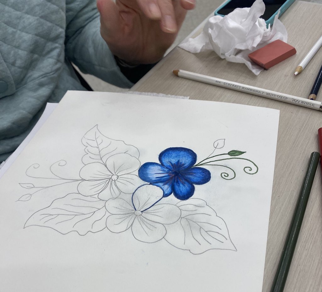 Teaching a demo presentation of my colored pencil and baby oil techniques at the local artist guild meeting.