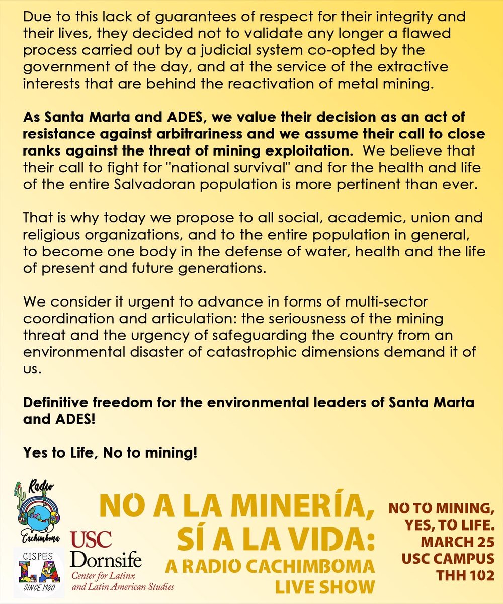 March 25! <a href="/RadioCachimbona/">Radio Cachimbona</a> will record live about the ongoing political persecution &amp; the fight for freedom of the #SantaMarta5. Join us alongside <a href="/CISPESLA/">LA CISPES</a> to learn &amp; spread awareness about the organizers' work to defend El Salvador from mining &amp; its threats. #SantaMartaLibre