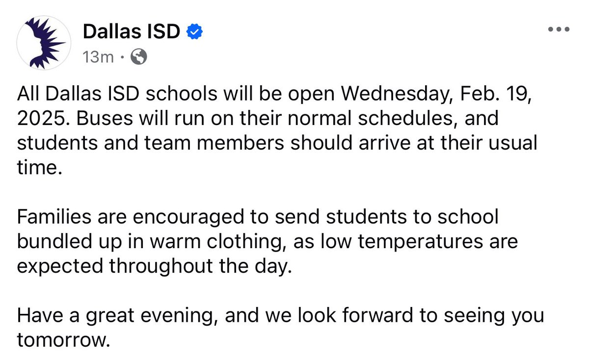 School will run normally tomorrow. Please make sure to make early plans for road conditions. It will be super cold in the morning, please bundle up in layers.