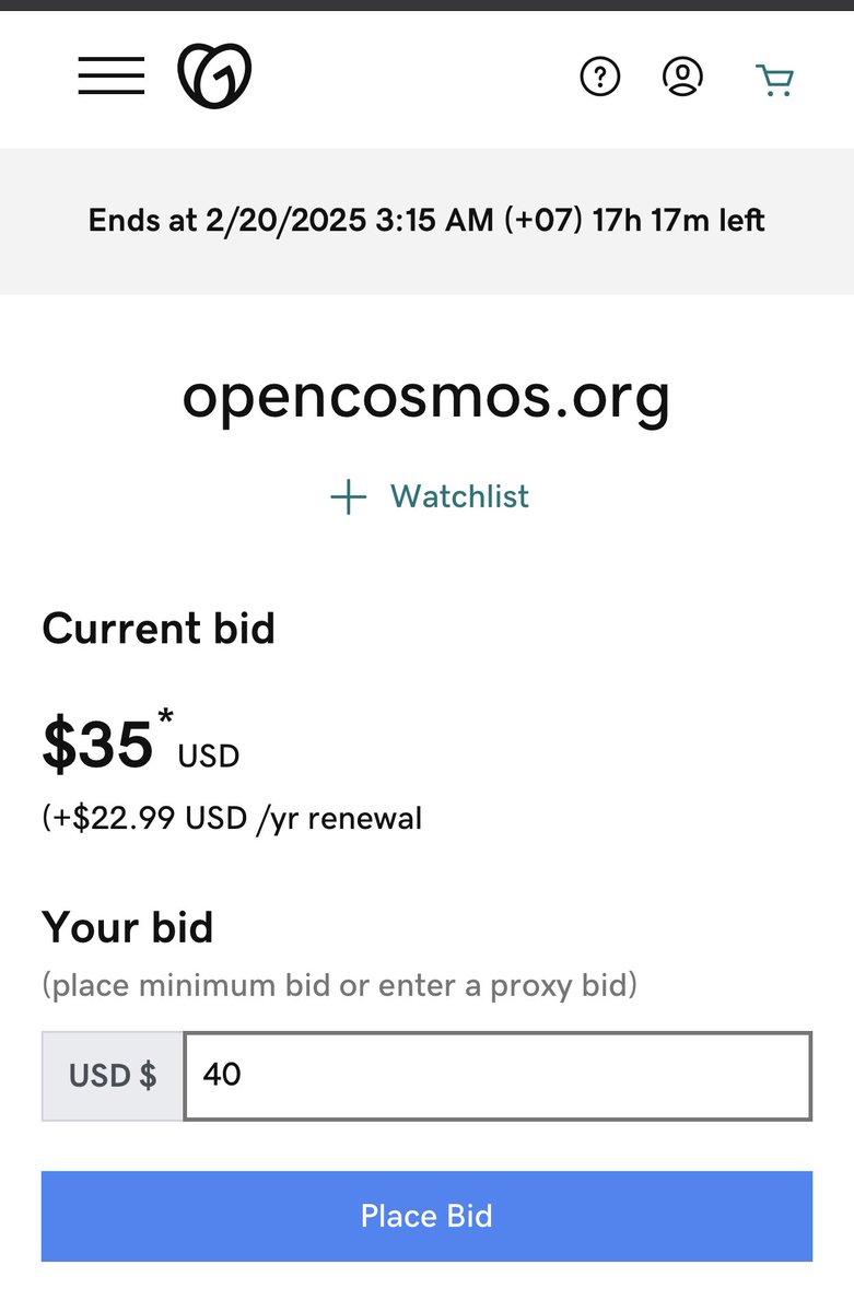 bullishnames's tweet image. OpenCosmos.com auction ends at $8,017 in 2024
What price will OpenCosmos.org end up at?

#OpenCosmos #Domains #Auction