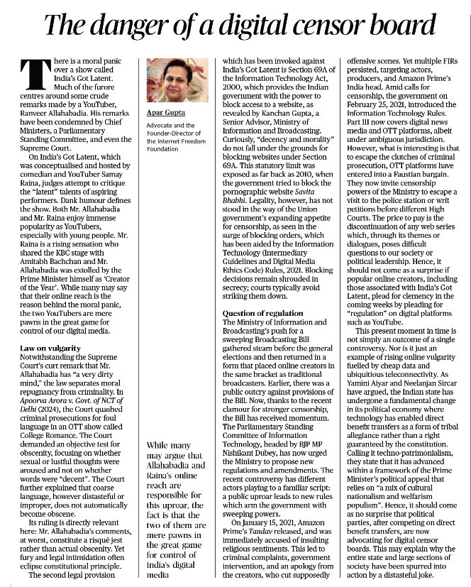 In today’s <a href="/TheHinduComment/">The Hindu Comment</a>, I discuss how the moral panic surrounding “India’s Got Latent” is fueling the push for a digital censor board.