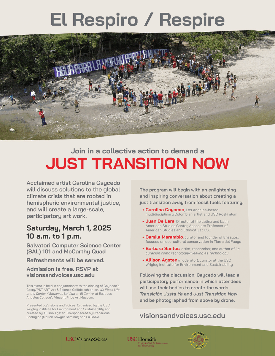 March 1: El Respiro/Respire will include a participatory performance of up to 150 people developed/led by L.A.-based multidisciplinary Colombian artist Carolina Caycedo &amp; a discussion on creating a just transition away from fossil fuels!

Please RSVP at visionsandvoices.usc.edu/events/4662542…