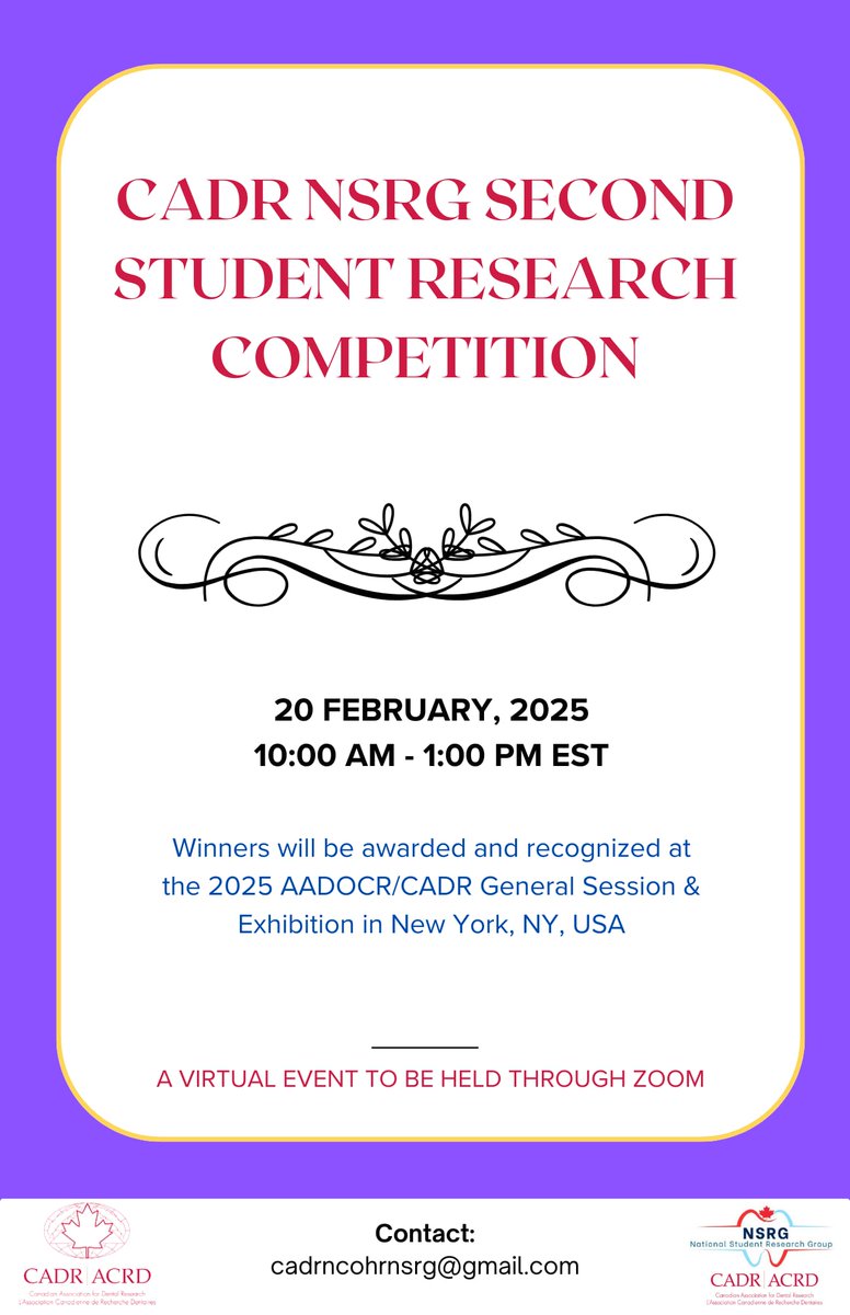 NSRG622385's tweet photo. 🚨 CADR NSRG Student Research Competition! 🏆🦷

📅 Feb 20, 2025 | ⏰ 10 AM - 1 PM EST
📍 Virtual via Zoom | 🏅 Winners recognized at AADOCR/CADR 2025 in NYC!
Support future dental research! 🔬💡
#CADR #NSRG #DentalResearch #AADOCR #FutureofDentistry https://t.co/uxRaymLhGv