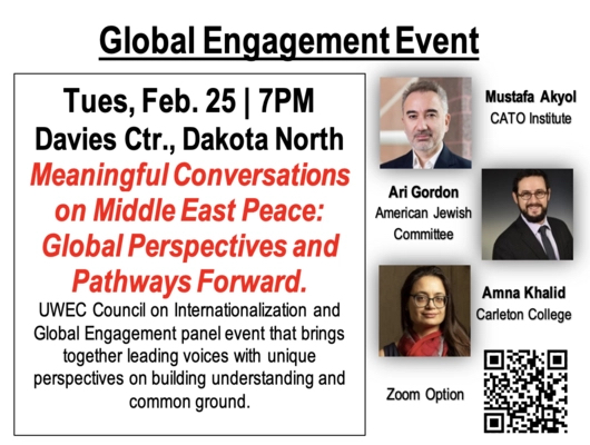 UWEC Menard Center for Constitutional Studies (@uwec_menard_ccs) on Twitter photo "Meaningful Conversations on Middle East Peace: Global Perspectives & Pathways Forward" will be Tues., Feb. 25 @ 7pm in the Dakota Ballroom of Davies Center at <a href="/UWEauClaire/">UW-Eau Claire</a>. Panelists include Ari Gordon, Mustafa Akyol, & Amna Khalid. This event is free & open to the public. "Meaningful Conversations on Middle East Peace: Global Perspectives & Pathways Forward" will be Tues., Feb. 25 @ 7pm in the Dakota Ballroom of Davies Center at <a href="/UWEauClaire/">UW-Eau Claire</a>. Panelists include Ari Gordon, Mustafa Akyol, & Amna Khalid. This event is free & open to the public.