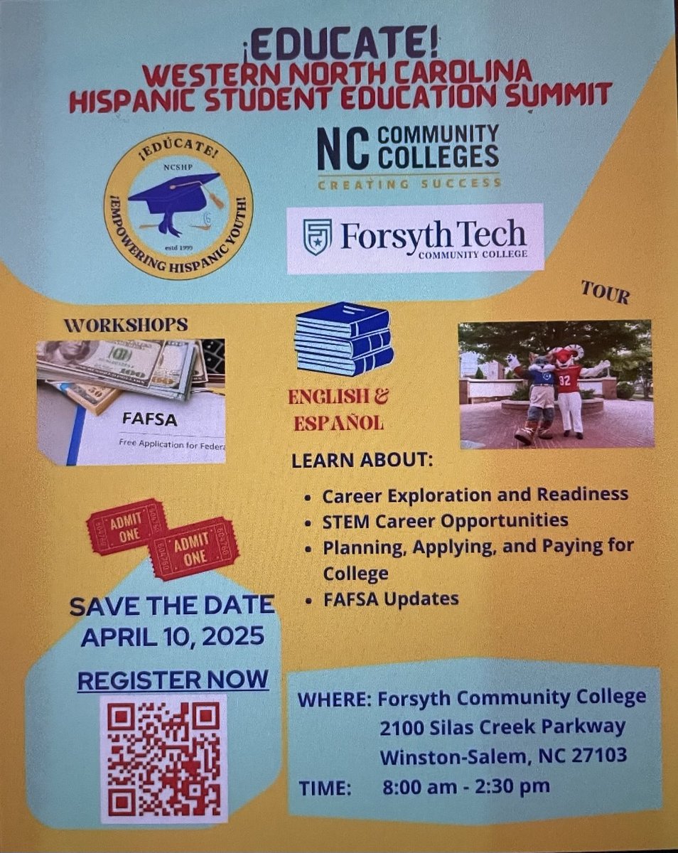 This event hosted by NCSHP, Forsyth Community College and the NC Community College System is designed to empower and inspire Hispanic students by providing them with resources and guidance needed to achieve their educational goals. Registration is required.