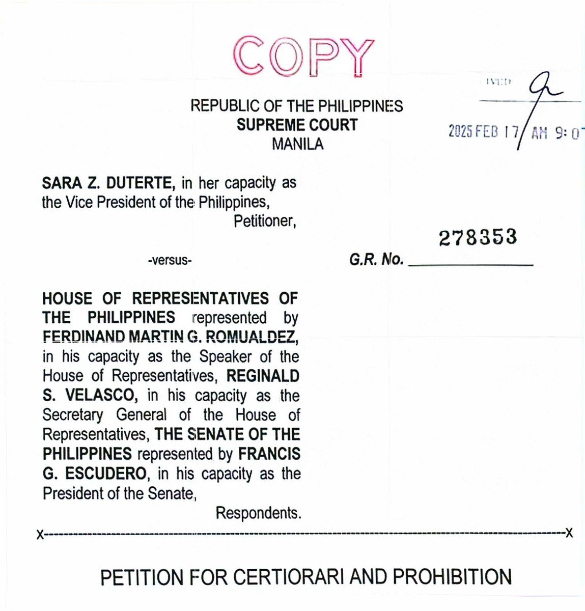 LOOK: Vice President Sara Duterte files a petition before the Supreme Court challenging the validity and constitutionality of the 4th impeachment complaint that was eventually transmitted by the House of Representatives.

The petition seeks judicial intervention from the SC to