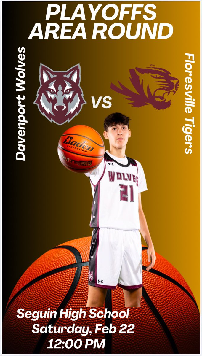 Keep warm on Saturday by stay inside and watching your Davenport Wolves take on the Floresville Tigers in Seguin with a 12:00 PM tip time. We need all the voices and cheering we can get!! <a href="/DavenportWolves/">DHS Wolves Athletics</a> <a href="/dhs_wolvescheer/">Davenport HS Cheer & Mascot</a> <a href="/DHS_GHoops/">Davenport Girls Hoops</a> <a href="/BuildThePack/">BuildThePack</a> <a href="/dvillewolves/">Danville Boys Athletics</a> <a href="/DMSGirlsAth/">DanvilleMSGirlsAthletics</a>