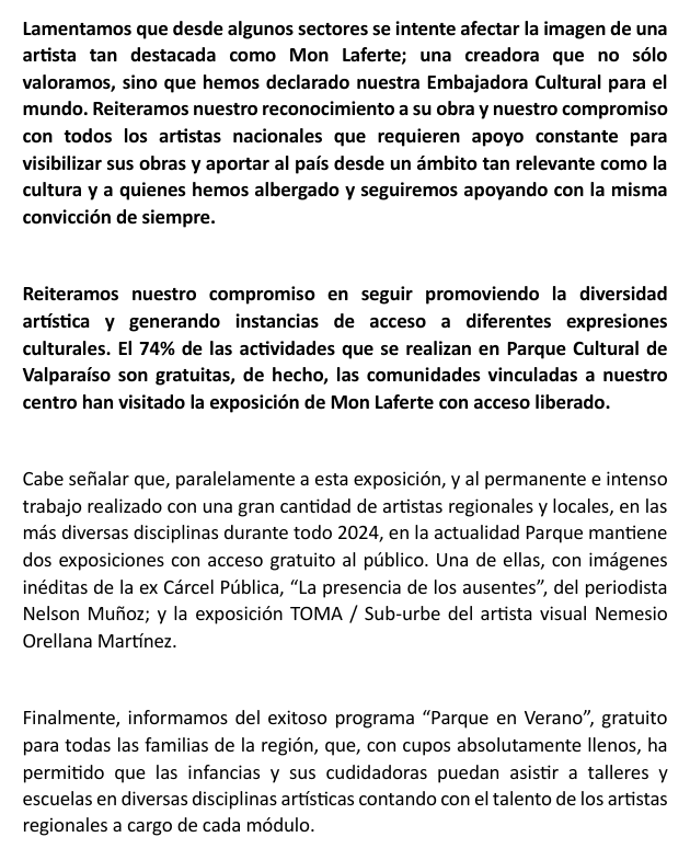 parquecultural's tweet photo. Todo nuestro respaldo, afecto y reconocimiento a la gran artista chilena @monlaferte 
Alcanzar el lugar que se ha ganado con su esfuerzo, valentía y talento es un hecho que desde la generosidad debemos relevar como país. https://t.co/7042mBIYxD