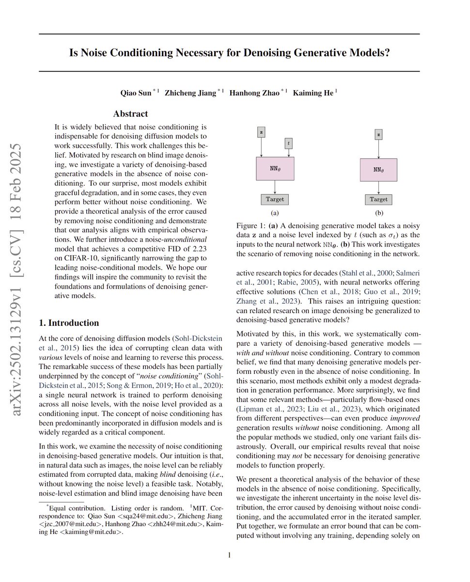 Is Noise Conditioning Necessary for Denoising Generative Models?

"Motivated by research on blind image denoising, we investigate a variety of denoising-based generative models in the absence of noise conditioning. To our surprise, most models exhibit graceful degradation, and in
