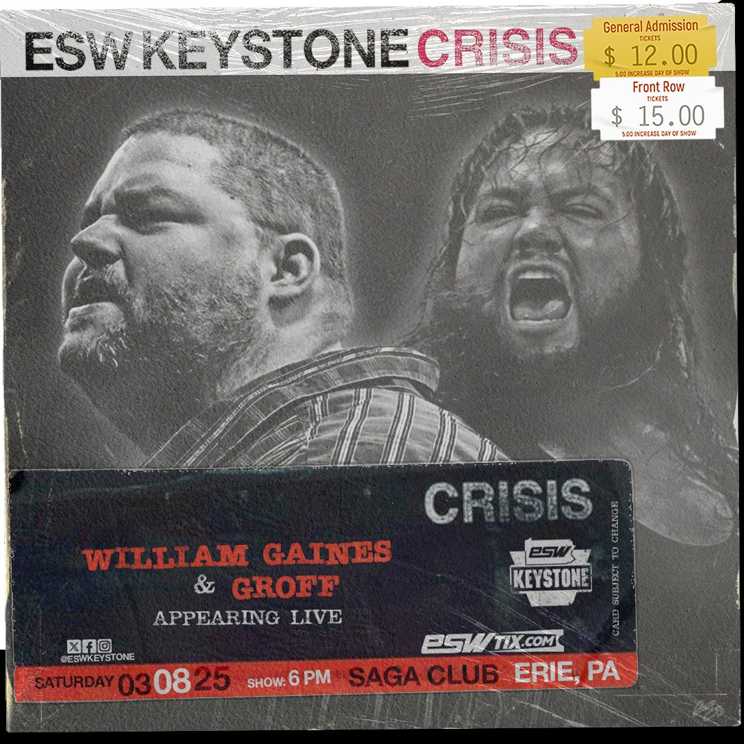 Appearing at #ESWCrisis:

Two of #Erie's most despised wrestlers - William Gaines &amp; Groff

ESWTIX.com