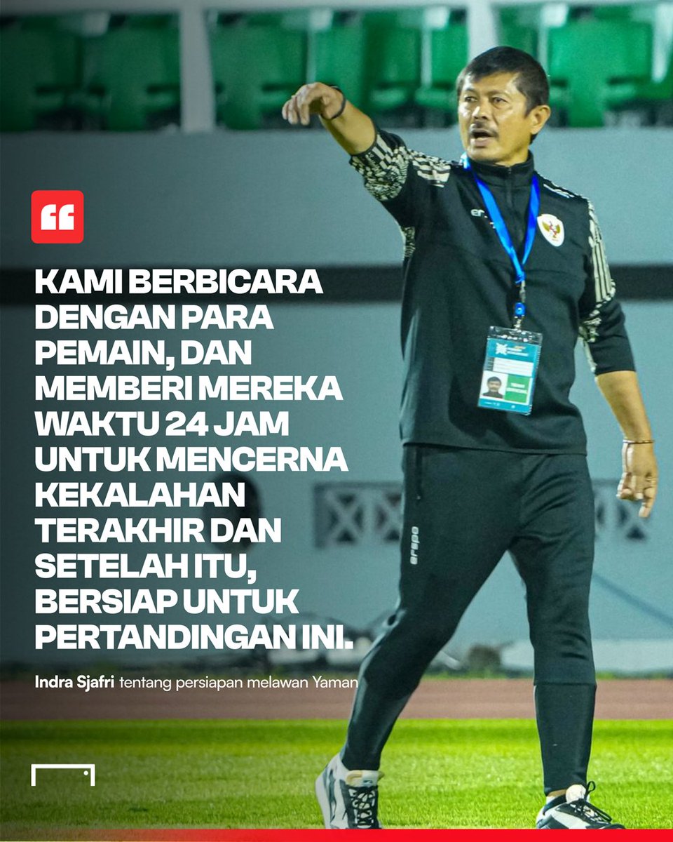 GOAL_ID's tweet photo. Jelang lawan Yaman, pemain Timnas Indonesia U-20 diminta mencerna dua kekalahan 🇮🇩

Indra Sjafri juga menginginkan timnas U-20 pulang ke Indonesia dengan membawa kemenangan 🔥 https://t.co/0apwRZq4hQ