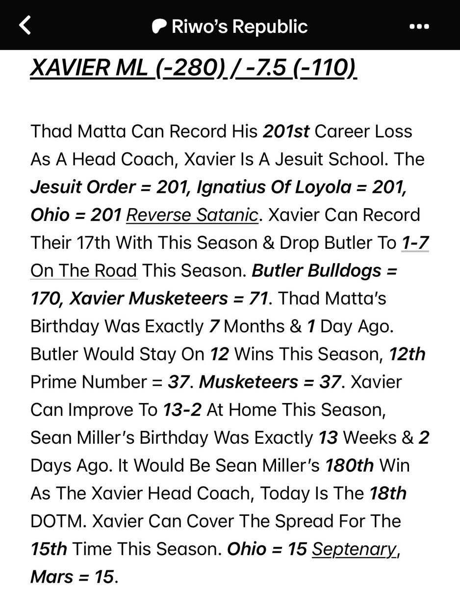 XAVIER ML (-280) ✅💰 / (-110) LIVE ✅💰

Thad Matta Records His 201st Career Loss vs The Jesuit School, Xavier. 2️⃣0️⃣1️⃣✝️

#Gematria #LetsGoX