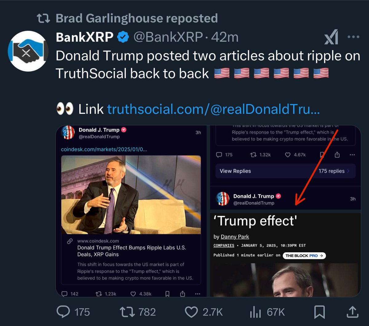 XRP

January 8, 2025: Ripple met with President Trump.

January 21, 2025: Ripple met with Vice President Vance.

February 14, 2025: Ripple met with leaders from various industries and members of Congress.

Today: President Trump shared a post about Ripple