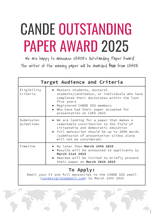 CANDE SIG (@candesig) on Twitter photo We are excited to announce our Outstanding Paper Award for 2025! Please email your submissions to candesigcies@gmail.com. We are excited to announce our Outstanding Paper Award for 2025! Please email your submissions to candesigcies@gmail.com.