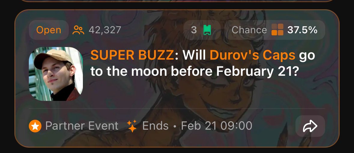 Telegram NFT Gifts on TON are going viral!

So I thought: Will Durov’s Caps go above 80 TON floor by the February 21st?! 

Idk, but let’s see what community thinks about it 👀

Current chance: 37,5%, per 42k votes

Simply vote yes or no 🧢

🔗 t.me/buzzit1_bot/bu…