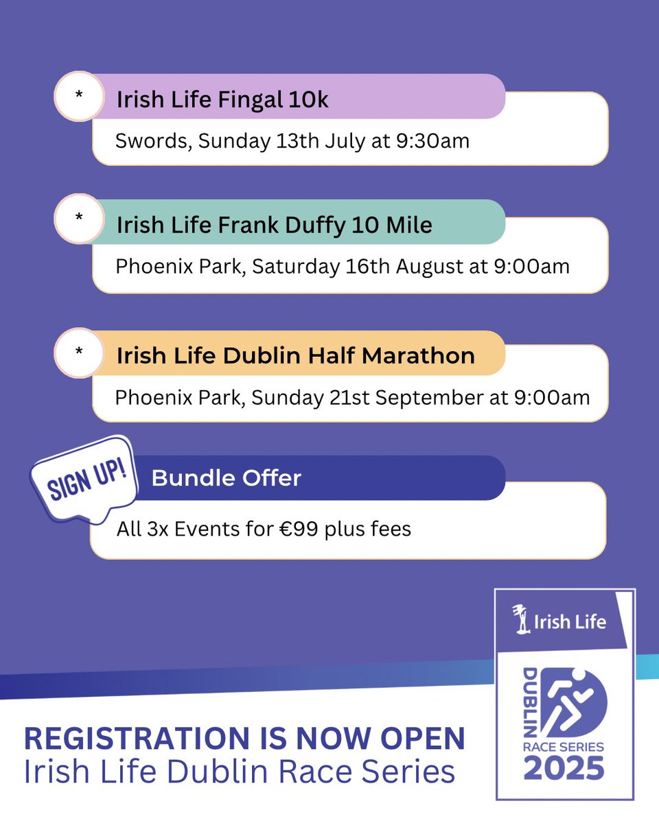 Irish Life Dublin Marathon (@dublinmarathon) on Twitter photo Ready-Set-Go! 🎉🎉 Registration for the 2025 <a href="/IrishLife/">Irish Life</a> Dublin Race Series is officially OPEN! Don’t miss out—sign up today and check out our special bundle offer when you enter all races in the series 🔗➡️ bit.ly/41lvR3Z
🗓️ Please Note: The 5-Mile race will no longer Ready-Set-Go! 🎉🎉 Registration for the 2025 <a href="/IrishLife/">Irish Life</a> Dublin Race Series is officially OPEN! Don’t miss out—sign up today and check out our special bundle offer when you enter all races in the series 🔗➡️ bit.ly/41lvR3Z
🗓️ Please Note: The 5-Mile race will no longer