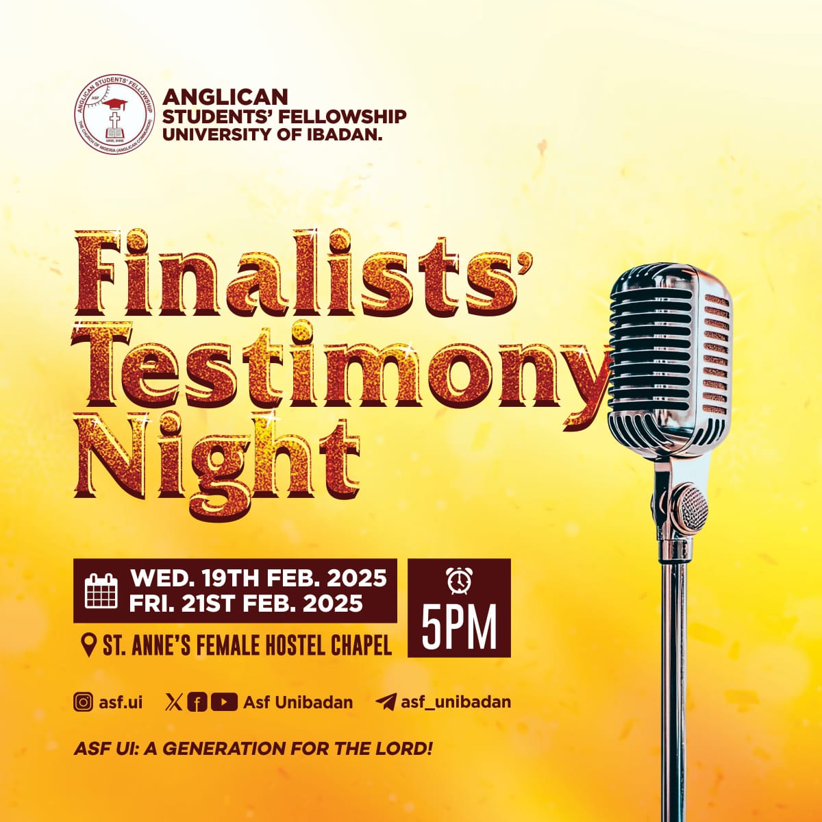 AsfUnibadan's tweet photo. β¨ FINALISTS' TESTIMONY NIGHT β¨
Join us as our finalists testify of His hand at work in their livesβthrough challenges, victories, and growth.
ποΈ: Wednesday, February 19, 2025
π: 5:00 PM
βͺοΈ: St. Anneβs Female Hostel Chapel
#ASFUI
#FINALIST
#TESTIMONY https://t.co/Pu29tV1lJ3