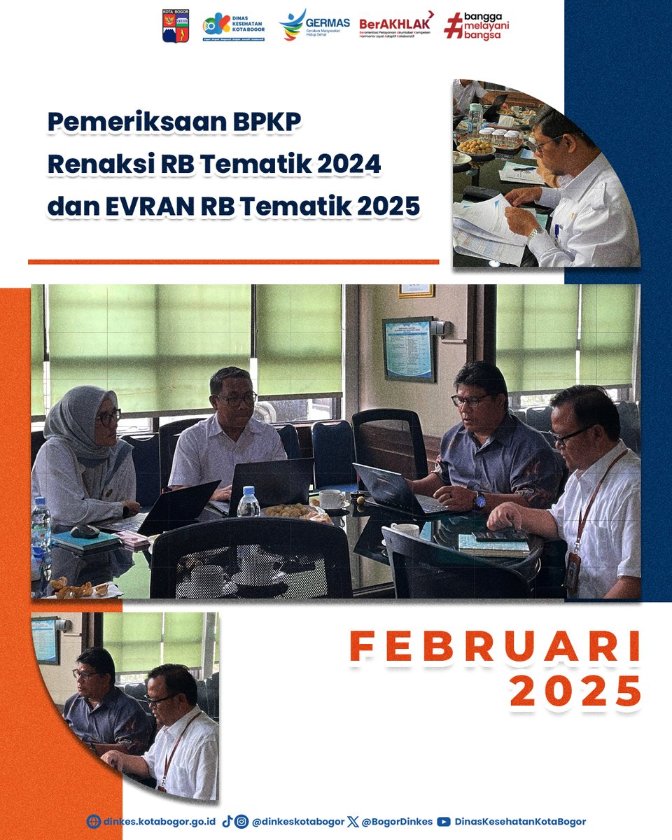 BogorDinkes's tweet image. Halo Sobat Sehat!

Rabu (19/02/2025) Dinas Kesehatan Kota Bogor menghadiri kegiatan Pemeriksaan BPKP Renaksi RB Tematik 2024 dan EVRAN RB Tematik 2025 di Bapperida.

#bapperida #bpkp #rb #kotabogor #dinkeskotabogor