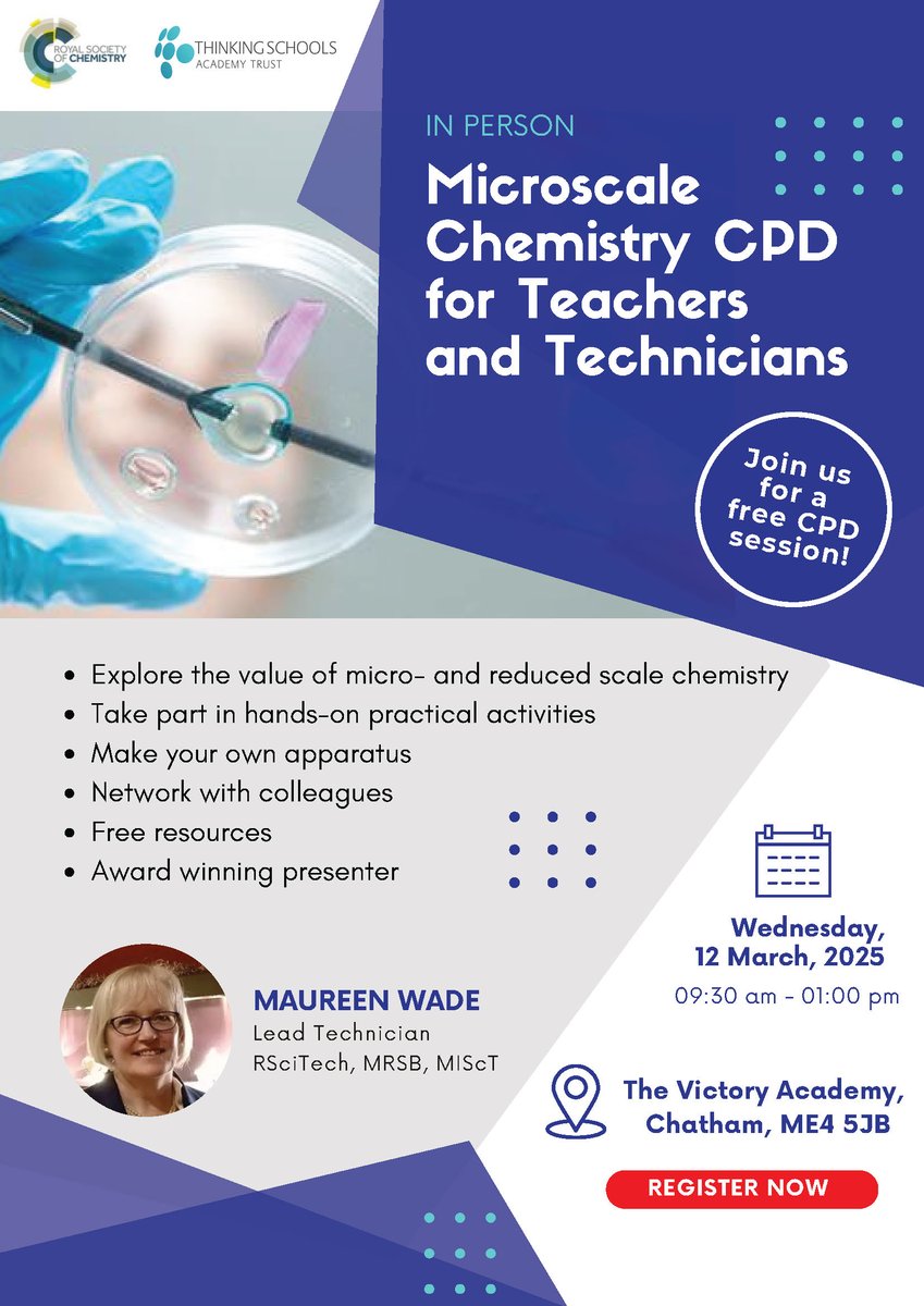 STEMHUB_SE's tweet image. Upcoming #Microscale #Chemistry CPD for #Teachers and #Technicians taking place on Wednesday 12 March @TheVA_Chatham. This amazing opportunity is fully funded by @RoySocChem. 

To find out more and book your place visit: shorturl.at/bSqNE

#Science #CPD #Education #ASEChat