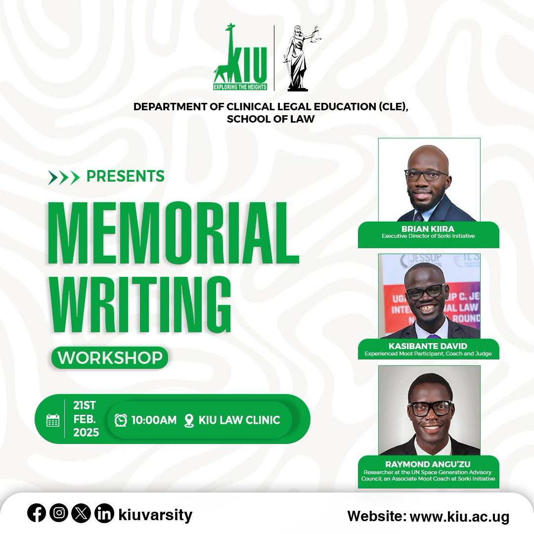 SORKI Initiative (@sorkiinitiative) on Twitter photo Join our ED,<a href="/BrianKiira/">Kiira Waibi Tafadzwa</a>, and two distinguished moot coaches, Raymond Anguzu and <a href="/ThandoKasibante/">Thandokuhle Ukuthula-Mandla Kasibante Muyinza</a>, this Friday for a Memorial Writing Workshop at Kampala International University. Don't miss this opportunity to refine your writing techniques and elevate your argumentation skills! Join our ED,<a href="/BrianKiira/">Kiira Waibi Tafadzwa</a>, and two distinguished moot coaches, Raymond Anguzu and <a href="/ThandoKasibante/">Thandokuhle Ukuthula-Mandla Kasibante Muyinza</a>, this Friday for a Memorial Writing Workshop at Kampala International University. Don't miss this opportunity to refine your writing techniques and elevate your argumentation skills!