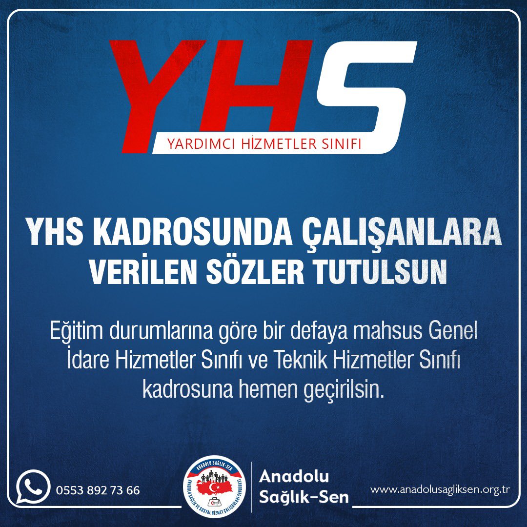 anadolusaglikgm's tweet photo. YHS ÇALIŞANLARINA VERİLEN SÖZ TUTULARAK MEMUR KADROSUNA GEÇİRİLSİN
Yardımcı Hizmetli Sınıfında çalışanların memur kadrosuna geçirilmeleri şart.                      Çünkü;
📌2018 Yılında Taşeron çalışanları kadroya alındı.
📌YHS çalışanlarının işini kadroya geçen işçiler yapıyor.
📌Günümüzde yardımcı hizmetli diye bir sınıf kalmadı.  
📌YHS kadrolarında çalışanlar, 1965 yılında çıkarılan Kanunun düzenlediği iş tanımıyla çalışıyorlar.
📌YHS kadrosu içinde lise ve üniversite mezunu olanlar var.
 
İŞTE, BU NEDENLERLE YHS KALDIRILMALIDIR
 
📌YHS kadrosunda çalışanlar eğitim durumlarına göre bir defaya mahsus memur kadrosuna hemen geçirilmelidir.
 
📌Memur kadrosuna geçirilecekleri sözü verilen yardımcı hizmetli (YHS) kadrosunda çalışanlara verilen sözler tutulmalıdır.
 
YARDIMCI HİZMETLİ SINIFINDA ÇALIŞANLARININ HAKLI TALEPLERİNİN YANINDAYIZ. ÖTELEMEDEN, GECİKTİRMEDEN KADRO TALEPLERİ YERİNE GETİRİLSİN

#SiyasetinDeğilÇalışanınSendikası 
https://t.co/3gPnYd5SMN
☎️0312 229 24 55
🖨️0312 22924 56
📞0553 892 73 66
#anadolusağlıksen #YHSSözüNerede 
#YardımcıHizmetlerSınıfı