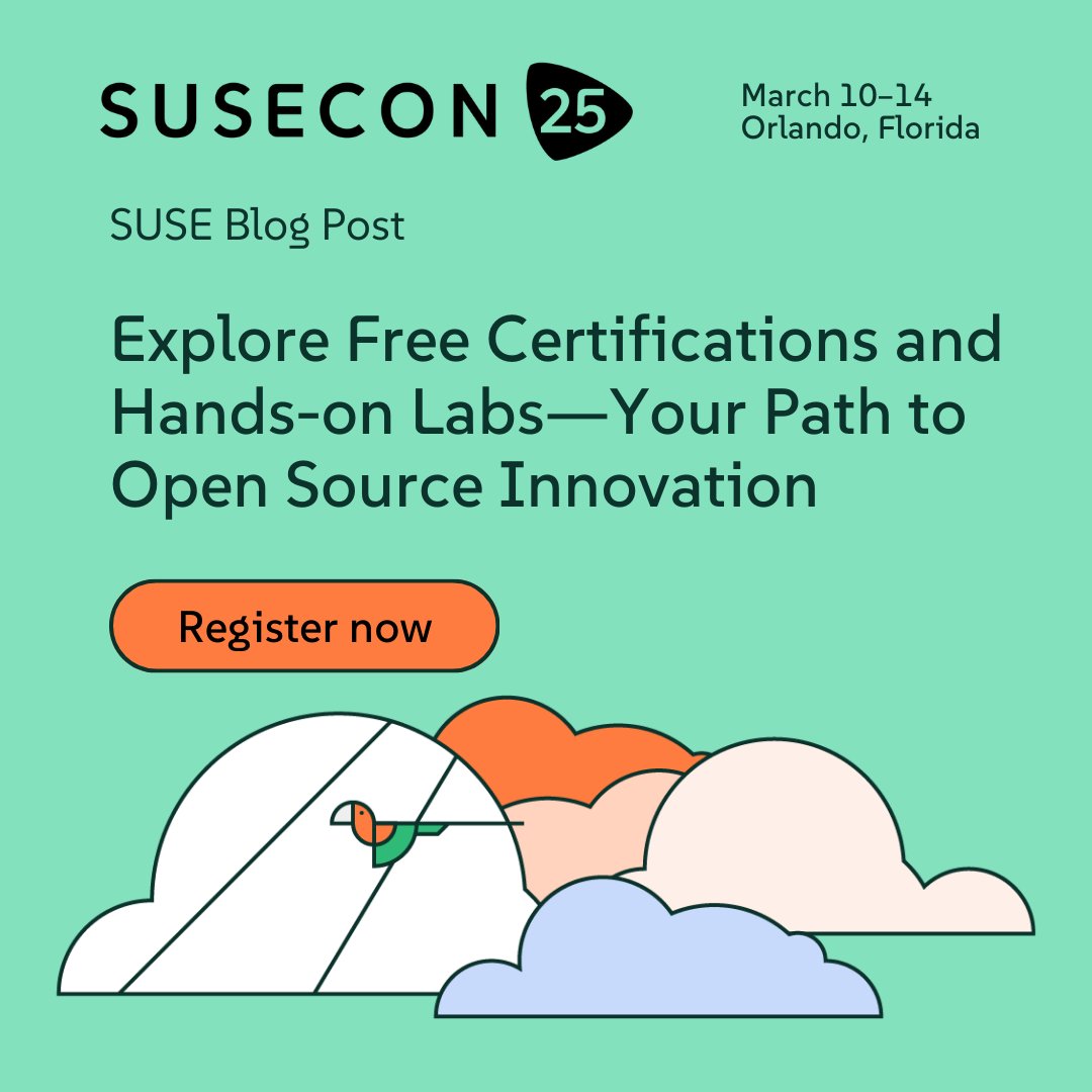 ⌛ Join us at #SUSECON25 in Orlando, March 10-14! Explore hands-on labs on #Edge, #CloudNative, #AI and #Linux. Take free SUSE Certification exams in SUSE Linux Enterprise Server, SUSE Rancher &amp; SUSE Multi-Linux Manager. 👉Learn more: okt.to/Ka5Efm