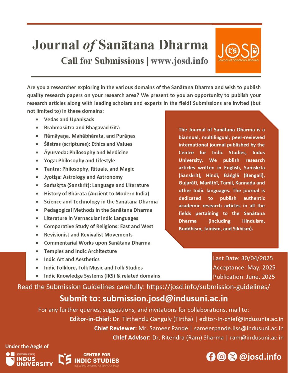 josd_info's tweet image. We hereby announce the Call for Submissions for the inaugural issue of the journal as we look forward to contributions from academicians, traditional scholars, and all kinds of Indic seekers.
For further details, check our website: josd.info