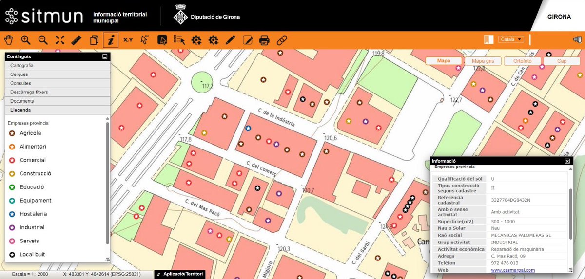 📍L'aplicació de manteniment del cens d'activitats econòmiques del #SITMUNDdGi permet ubicar i visualitzar les empreses del municipi de tots els sectors econòmics en un mapa digital.

👀S'hi pot trobar el nom de l'empresa, el grup econòmic, superfície, pàgina web, fotos...