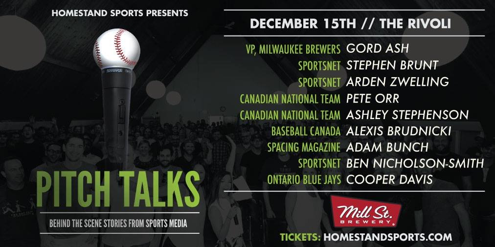 Pitch Talks is tonight! But we're pleased to announce our next Toronto show already - December 15 at the Rivoli in Toronto. Special guests include Former Blue Jays GM Gord Ash, Stephen Brunt, and Canadian Baseball Team members Pete Orr and Ashley Stephenson!