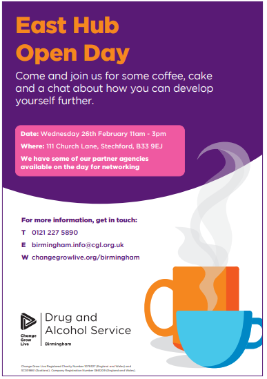 Join Us for East Hub Open Day! ☕🍰

Mark your calendars! 📅 On 26th February, from 11 AM – 3 PM, we’re hosting an Open Day at East Hub in Stechford.

Plus, connect and network with our amazing partners <a href="/KikitProject/">KIKIT Pathways to Recovery CIC</a> <a href="/IntuitiveTs/">Intuitive Thinking Skills</a> &amp; Datus.

We’d love to see you there! 💜