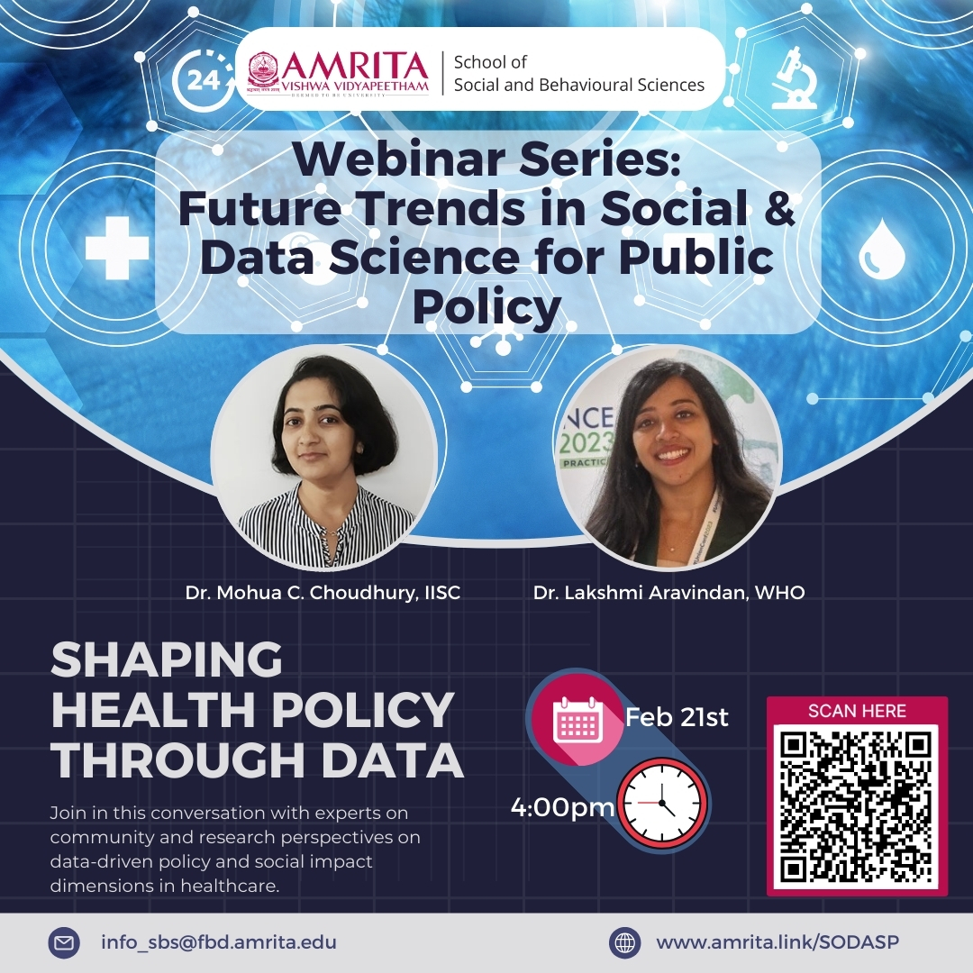 amritaSSBS's tweet image. Join us for a fantastic webinar: Shaping Health Policy Through Data! Feat. Dr. Mohua Choudhury (IISC) &amp;amp; Dr. Lakshmi Aravindan (WHO) &amp;amp; hosted by Amrita&apos;s Social Data Science &amp;amp; Policy dept. Listen to leading voices in health policy, data science &amp;amp; social impact. ⏲️📅Feb 21, 4pm IST