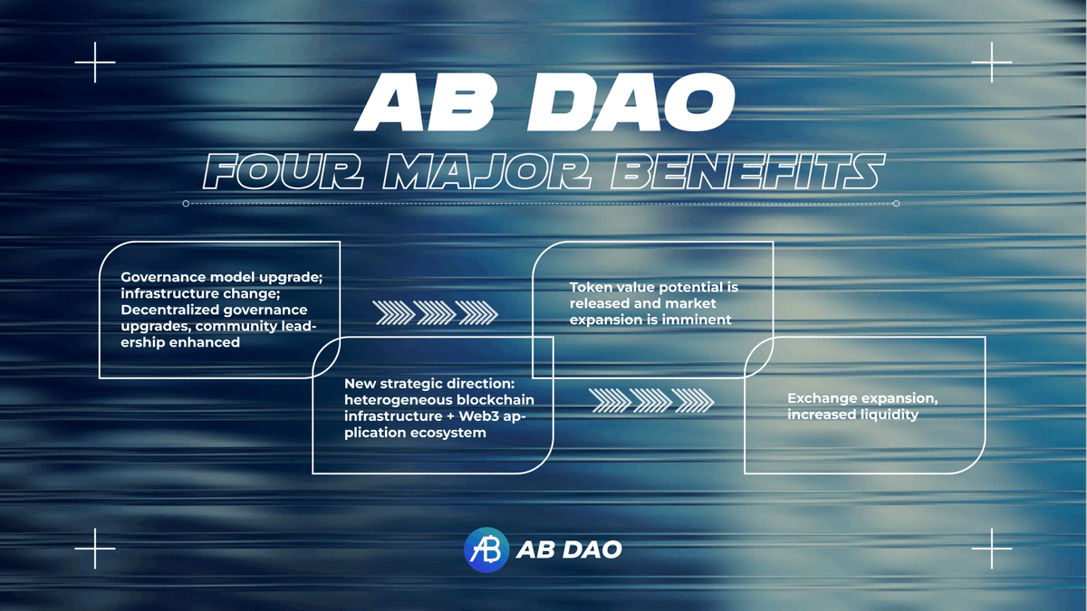 ✨AB DAO Four Major Benefits

- Governance model upgrade
- New strategic direction
- Token value potential is released and market expansion is imminent
- Exchange expansion, increased liquidity

$AB